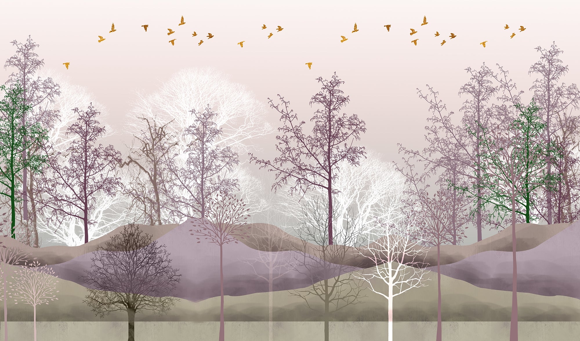 Pink Enchanted Forest Spooky Trees Mural