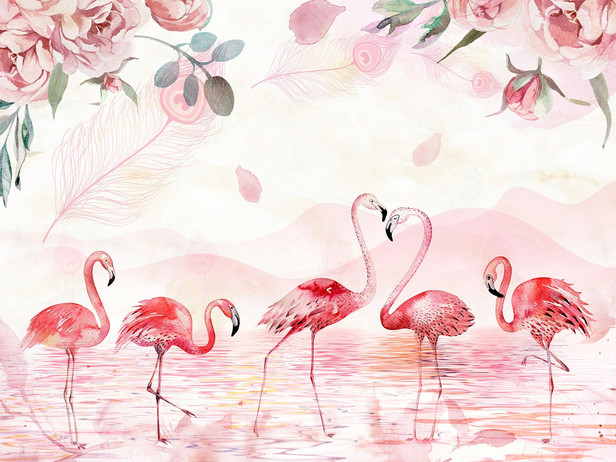 Five Feathered Flamingos Wallpaper Murals in your room