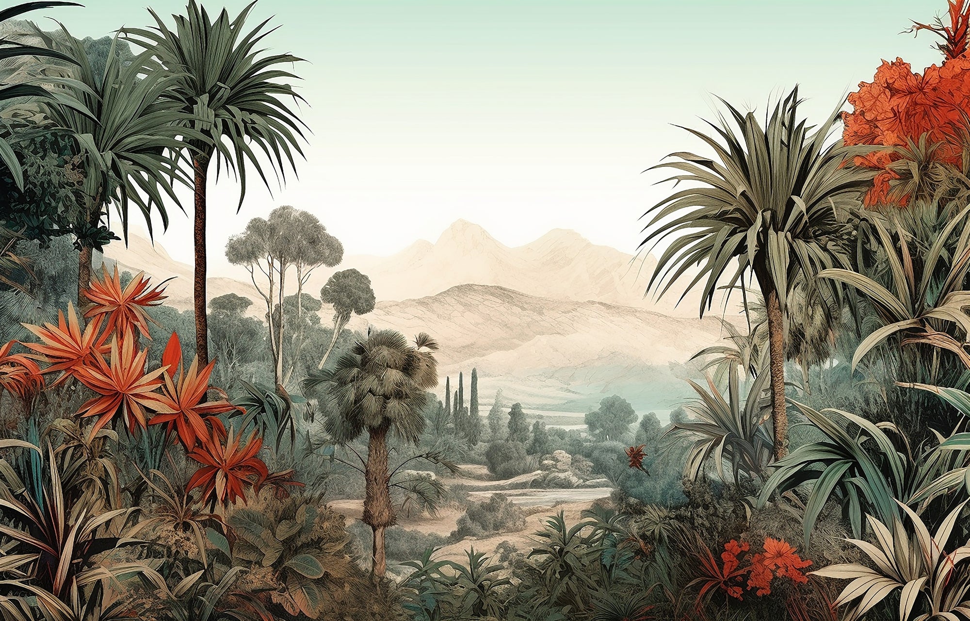 Tropic Serenity Mountain Vista and Lush Flora Mural