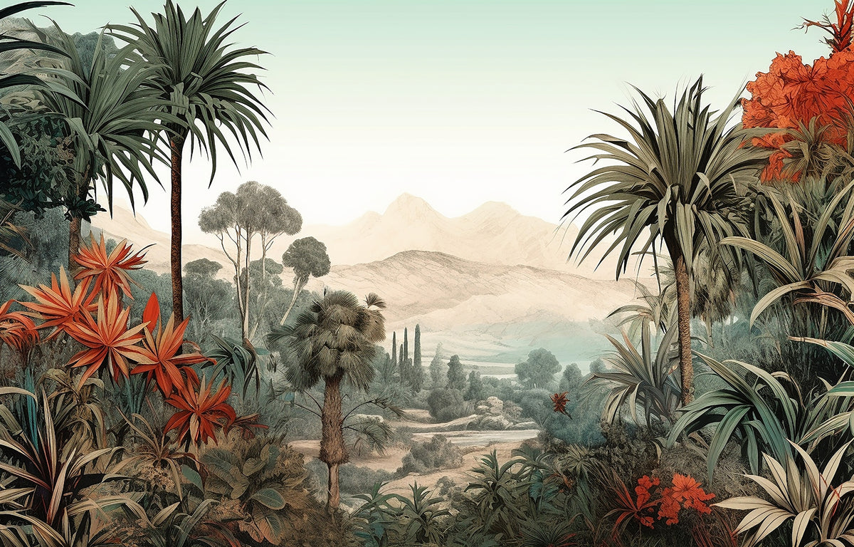 Tropic Serenity Mountain Vista and Lush Flora Mural in your room — zoomed