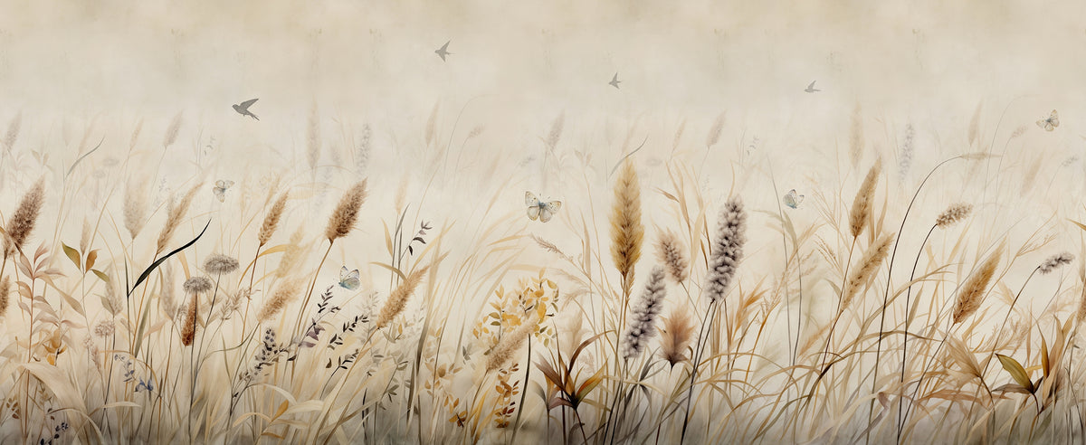 Pastoral Elegance Butterflies Over Grasses Mural in your room — zoomed