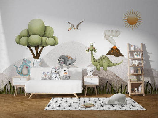 Illustrated baby dinosaur nursery wall mural with soft green and blue colors.