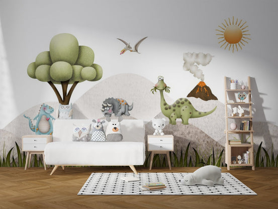 Illustrated baby dinosaur nursery wall mural with soft green and blue colors.
