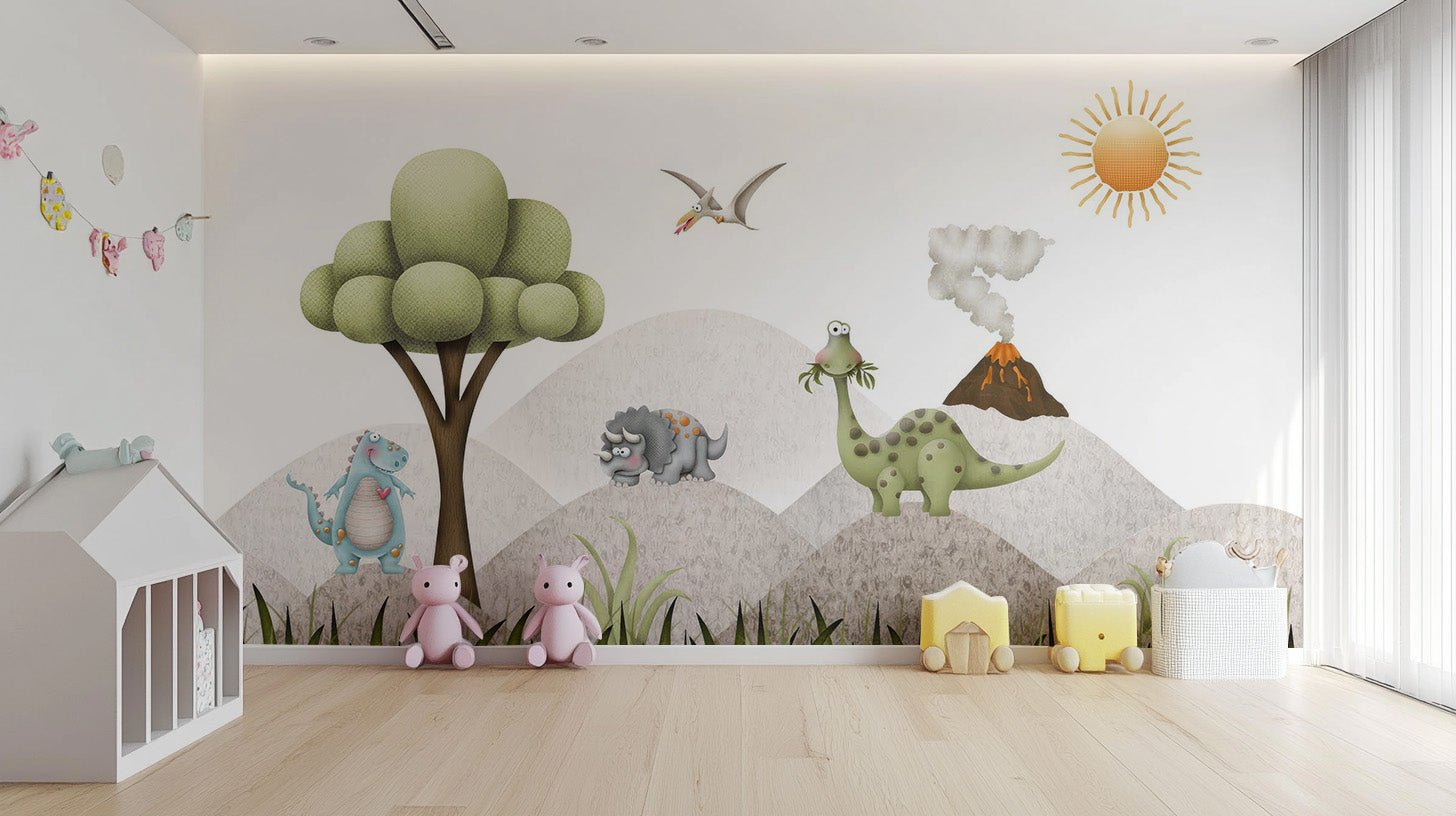 Subtle textured background with cartoon dinosaurs for a kids wall mural.