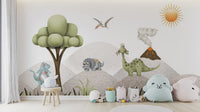 Nusery mural with a sun and mountain range wallpaper design.