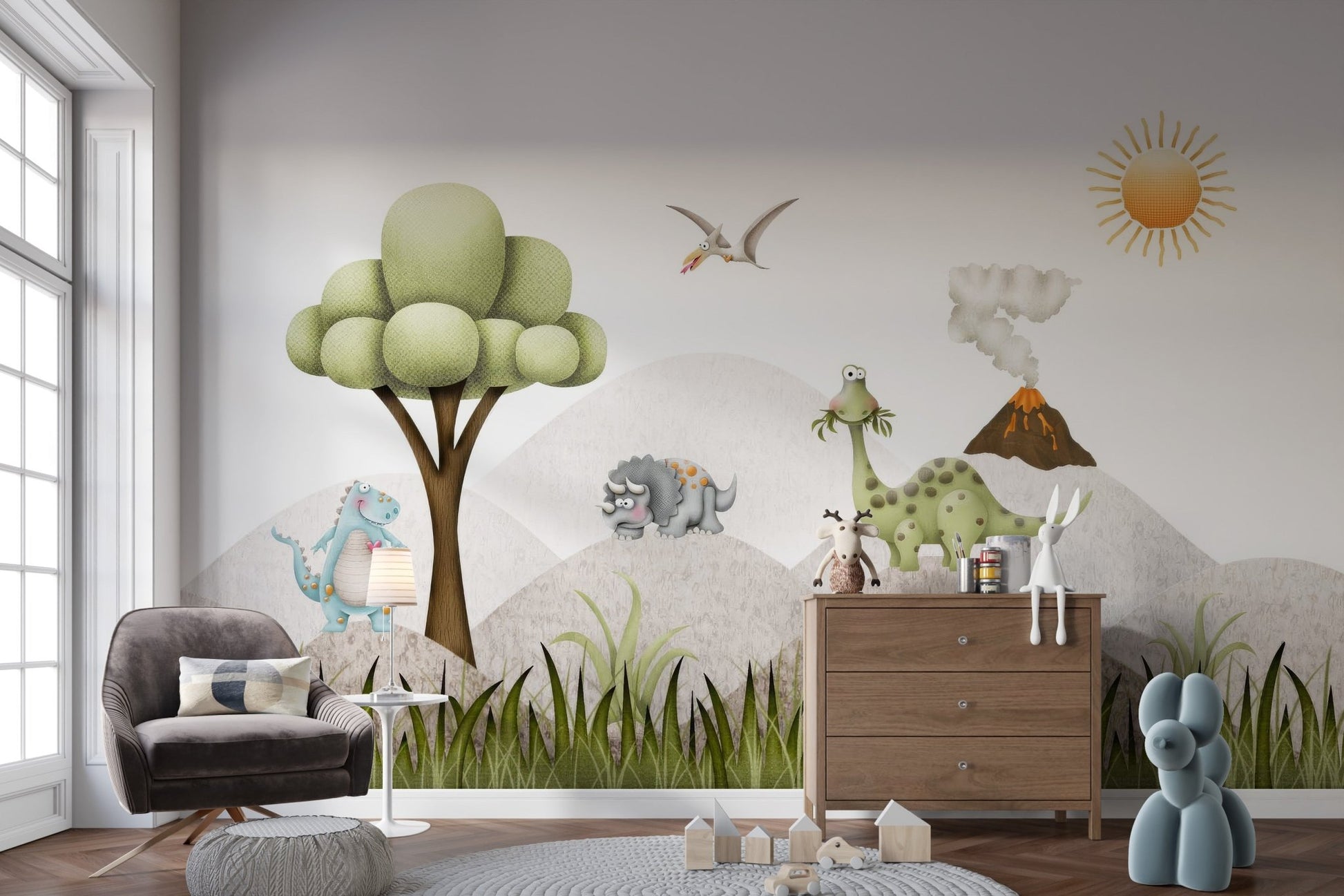 Friendly triceratops and brontosaurus wallpaper for a prehistoric themed wall.