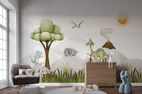 Friendly triceratops and brontosaurus wallpaper for a prehistoric themed wall.