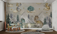 Blue and grey mountain landscape wall mural for a study room.