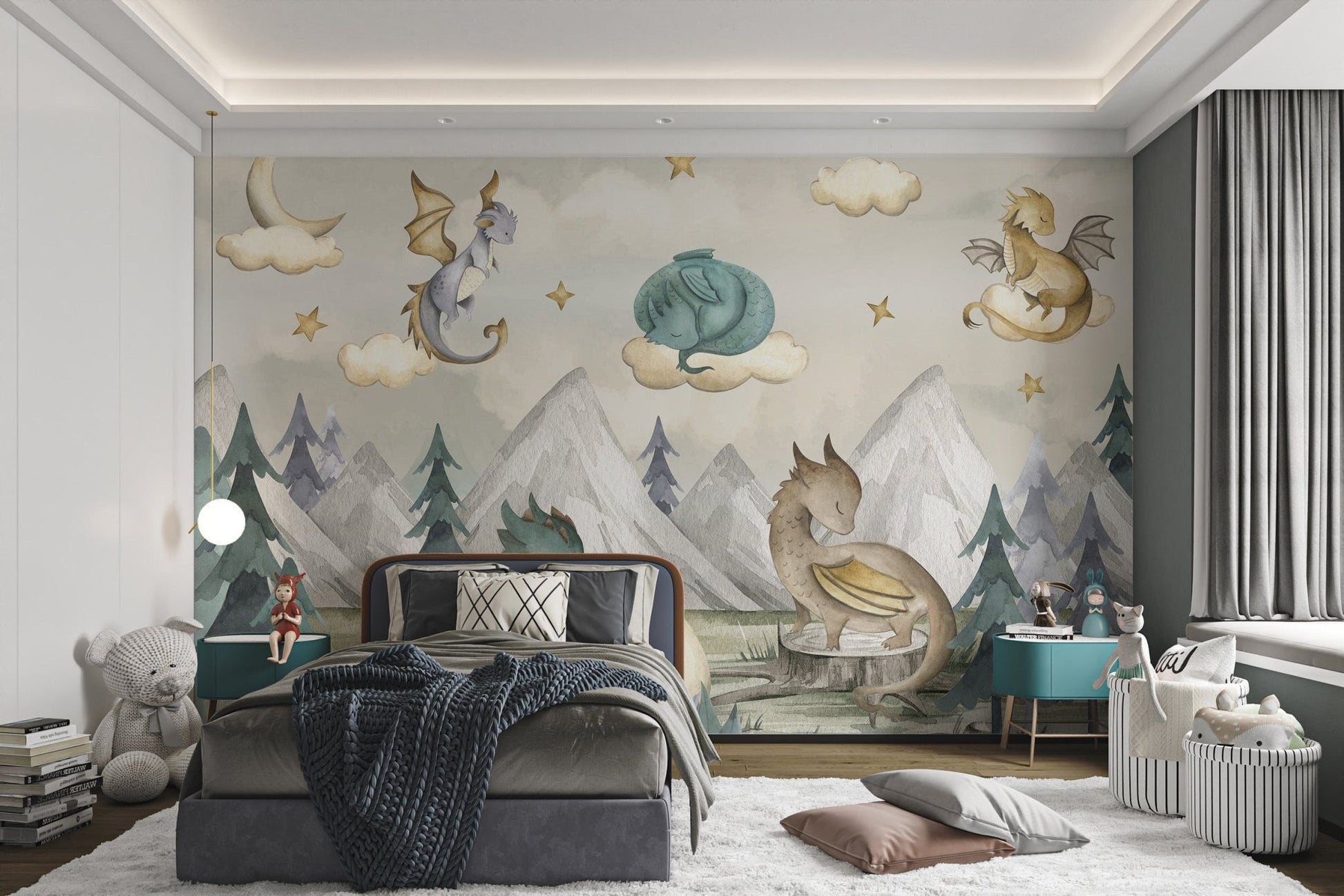 Sleeping blue dragon on clouds wall mural for a baby bedroom.