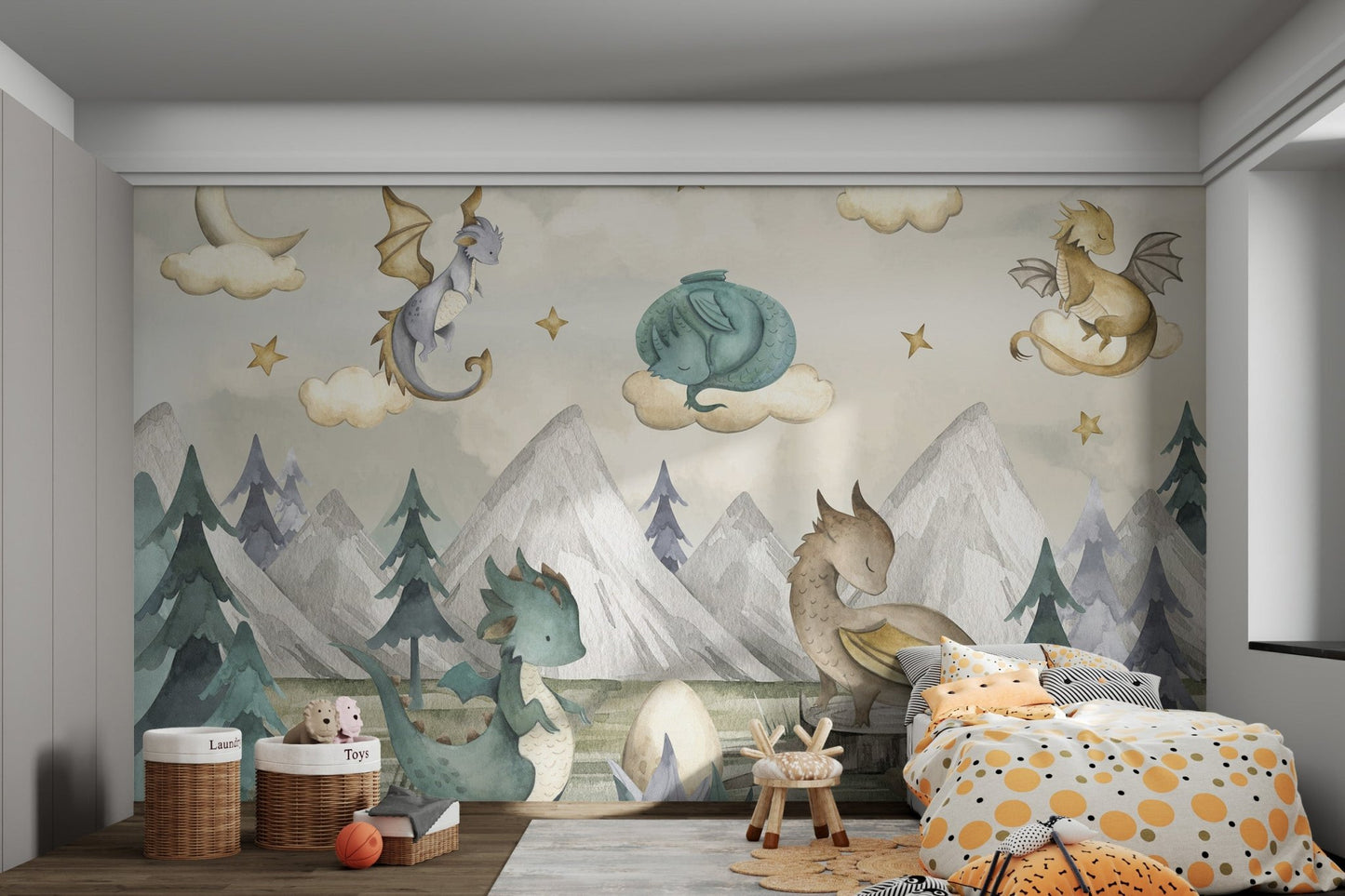 Brown dragon standing on tree stump wall mural for child's bedroom.