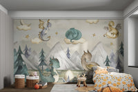 Brown dragon standing on tree stump wall mural for child's bedroom.