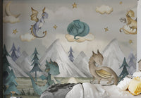 Alpine forest and grey mountain range wall mural for a kids bedroom
