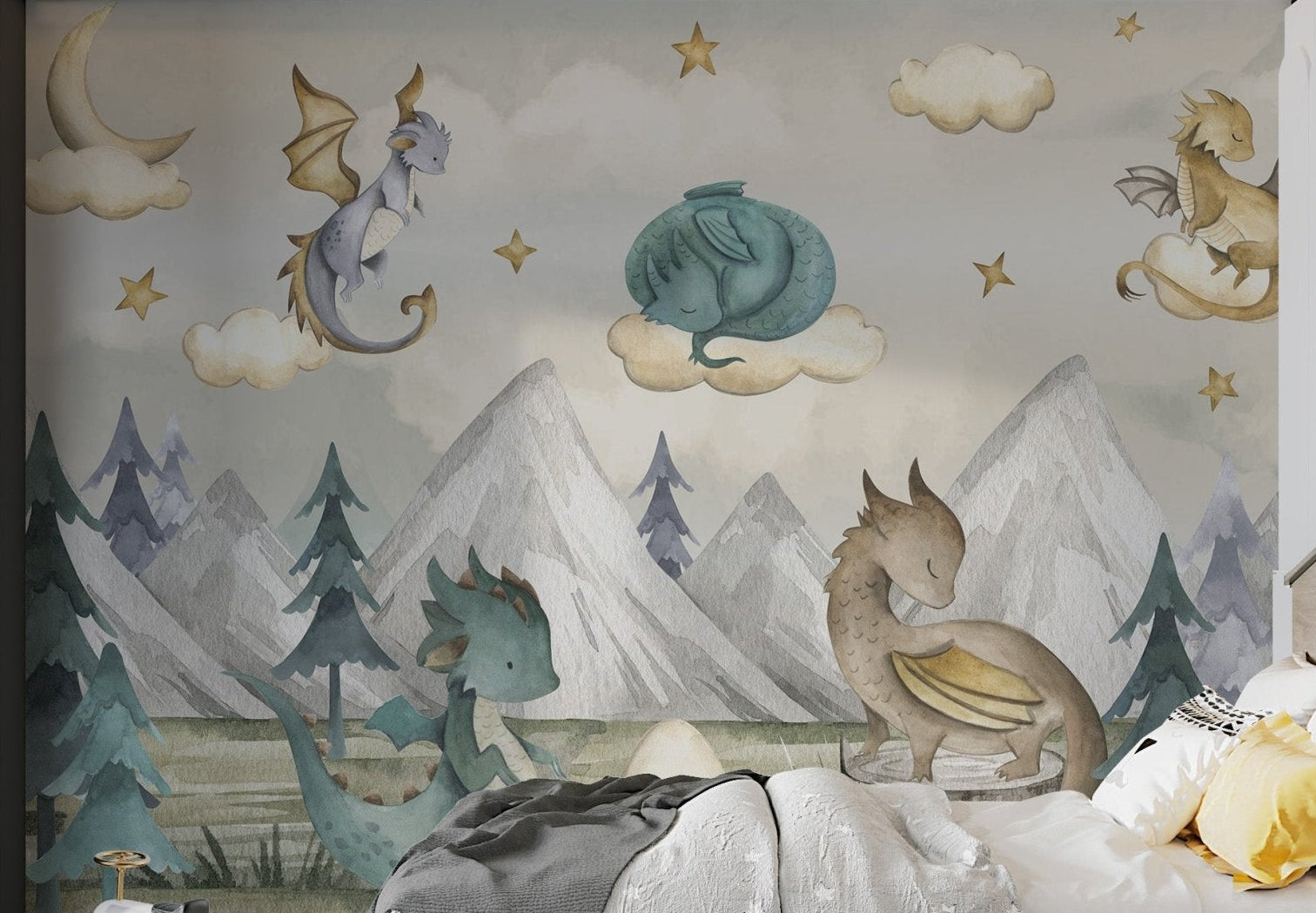 Alpine forest and grey mountain range wall mural for a kids bedroom