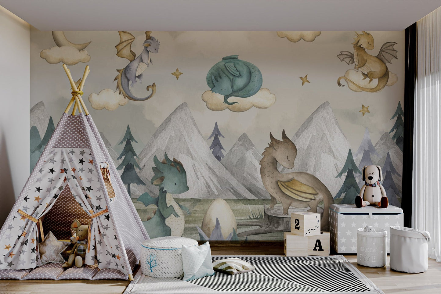 Dragons fantasy forest mural with towering mountains and glowing stars.