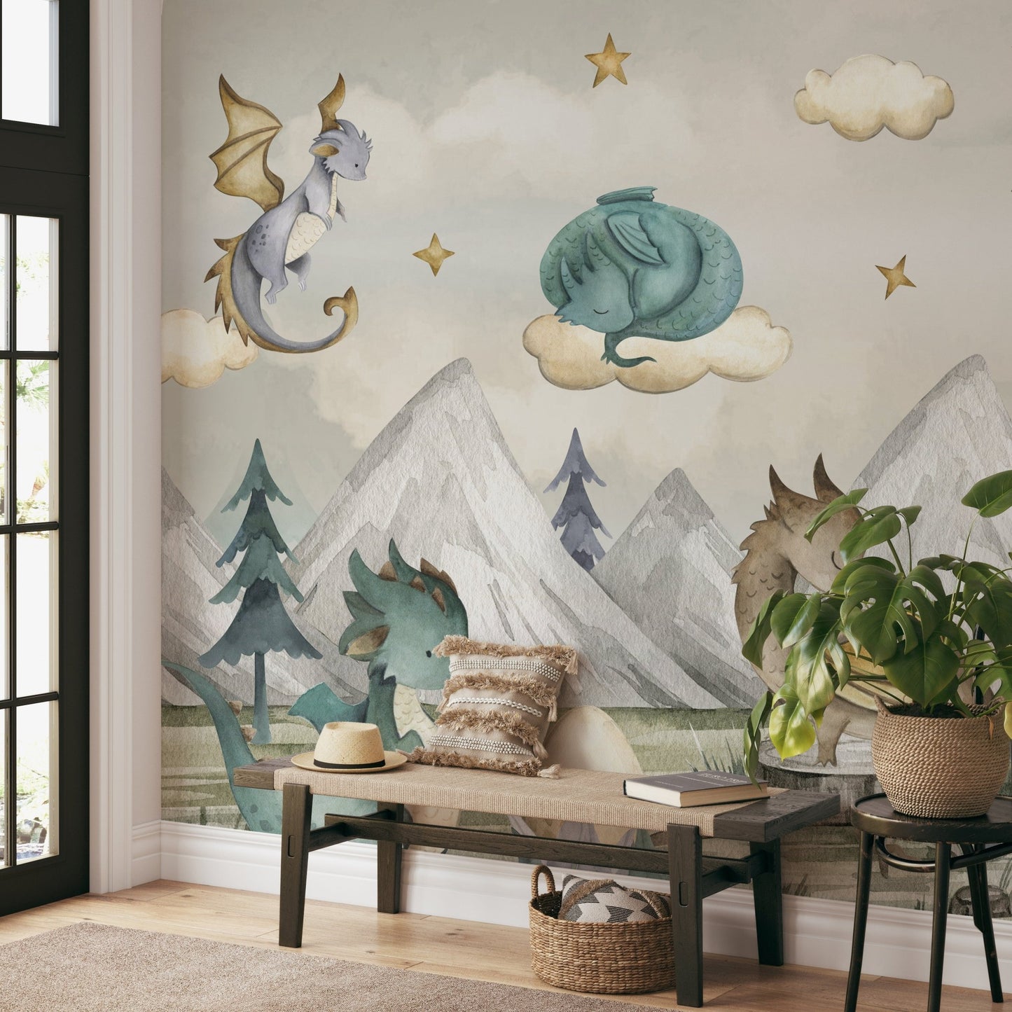 Flying dragons wall mural with wings spread, drifting through a sky.