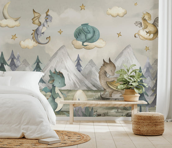Baby dragon wall mural with an egg surrounded by nature and mountains.