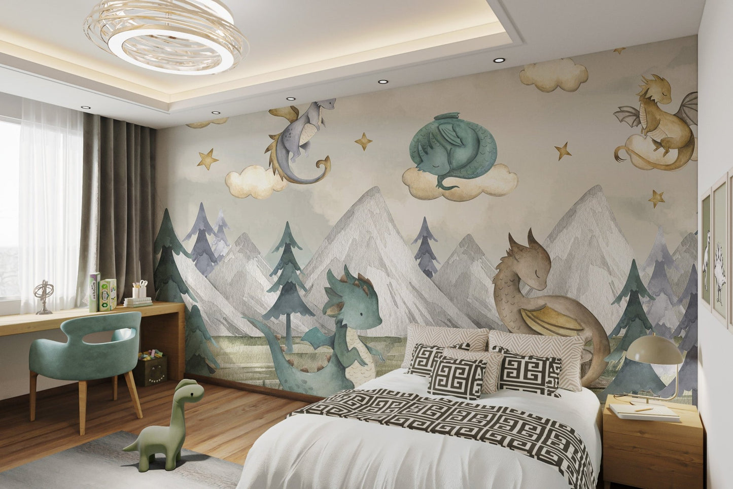 Baby Dragons Wall Mural with gold stars and pine trees for bedroom.