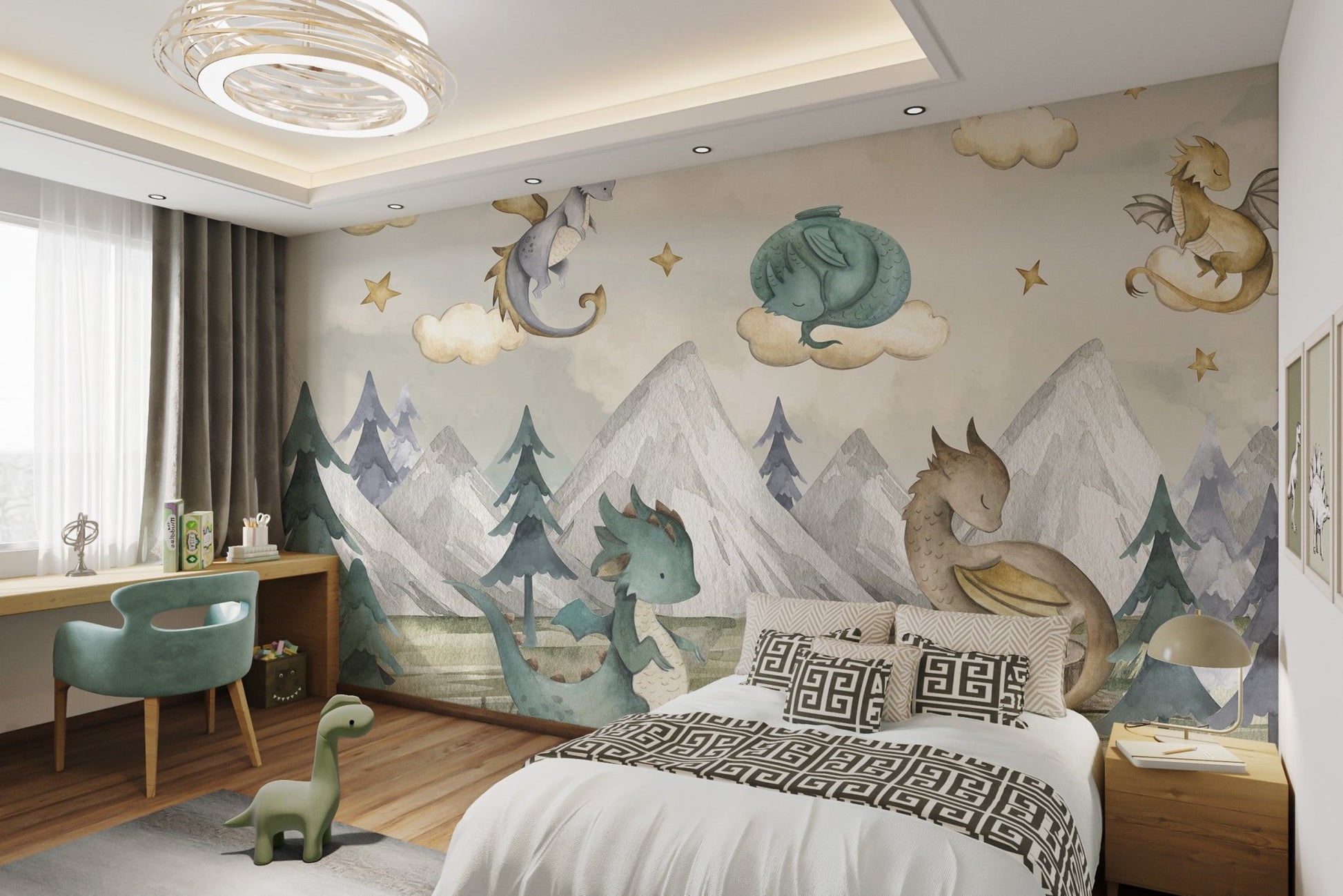 Baby Dragons Wall Mural with gold stars and pine trees for bedroom.