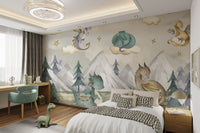 Baby Dragons Wall Mural with gold stars and pine trees for bedroom.