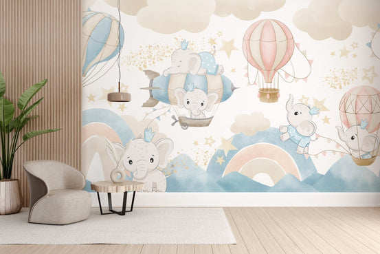 Baby elephants playtime wallpaper mural with pastel clouds and stars.