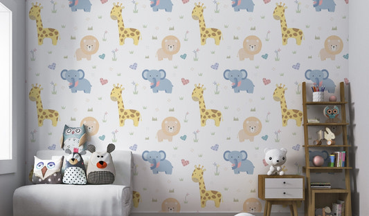 Safari animal pattern wall mural featuring lions and elephants.