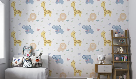 Safari animal pattern wall mural featuring lions and elephants.