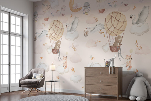 Balloon adventure wall mural pastel sky animal wallpaper design.