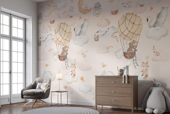Balloon adventure wall mural pastel sky animal wallpaper design.