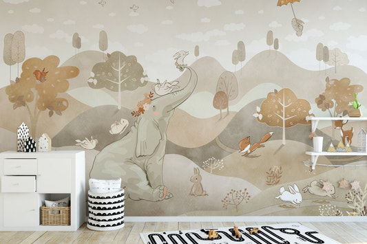 Pastel forest adventure landscape wall mural with playful wildlife art.