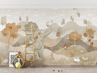 Beige woodland wallpaper mural with gentle storybook style.