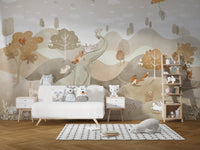Neutral safari theme wall mural with soft beige color palette.