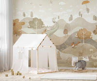Soft watercolor animal wallpaper mural with rolling hills design.