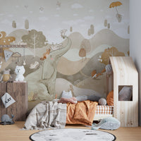 Artistic elephant and bunny wallpaper mural in calm hues.