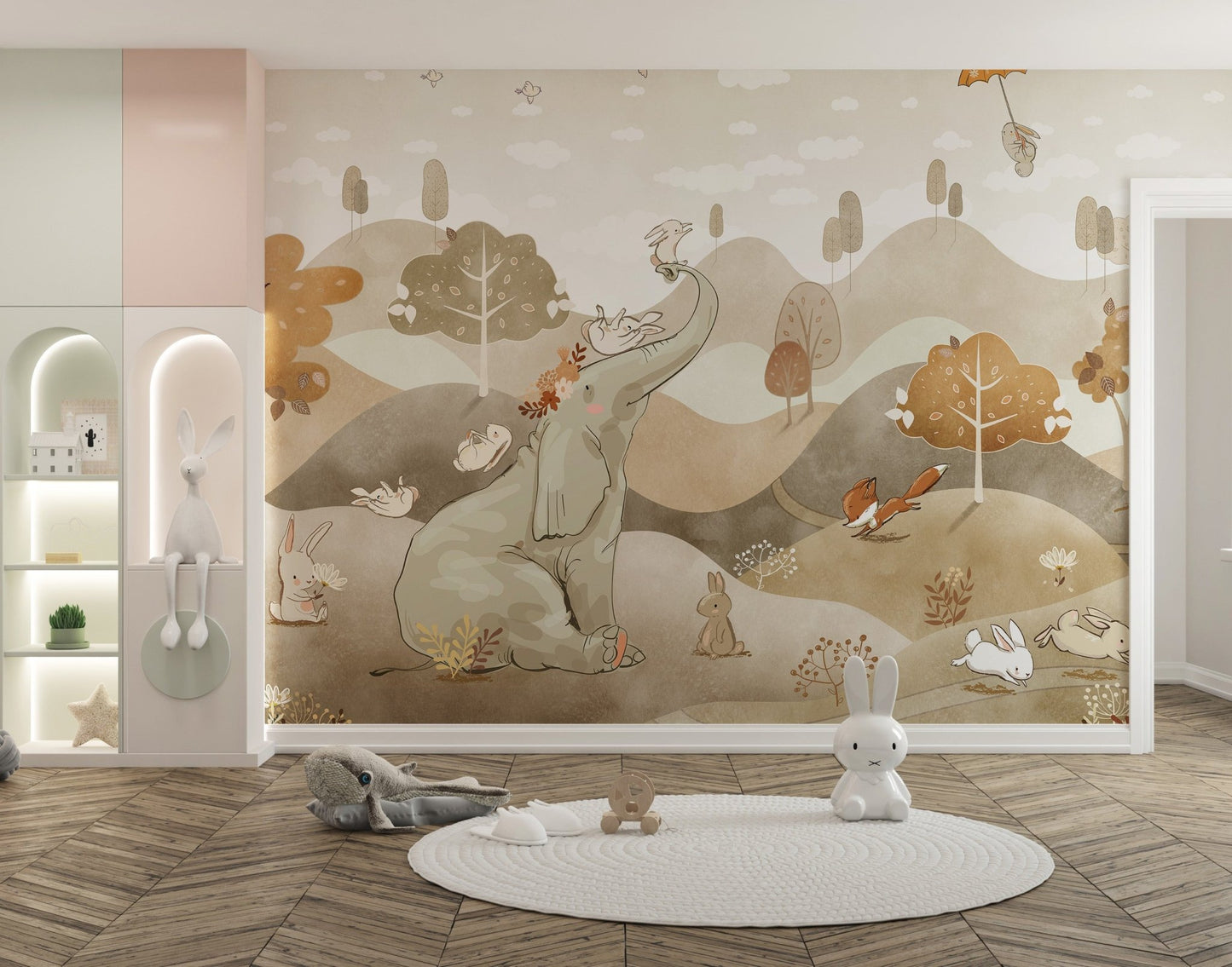 Illustrated animal wallpaper mural with hot air balloon detail.