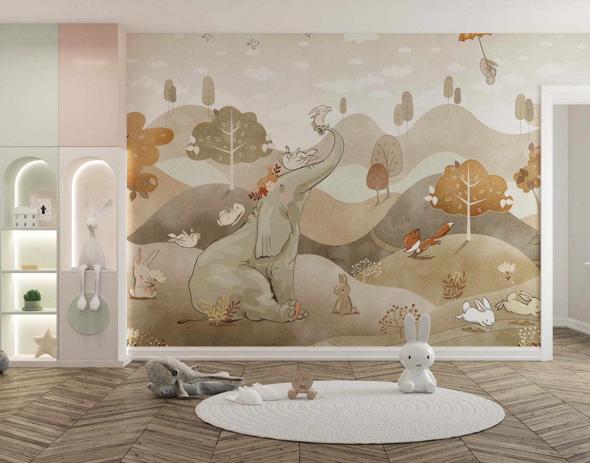 Illustrated animal wallpaper mural with hot air balloon detail.