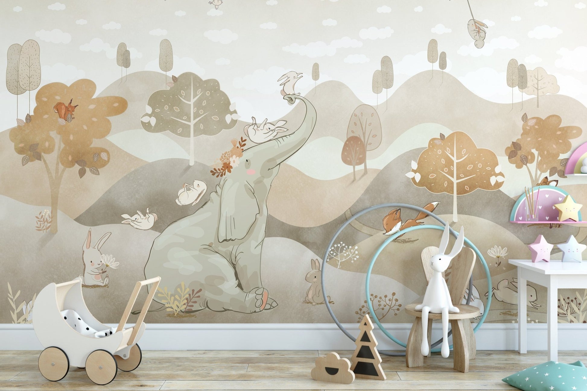 Whimsical elephant wallpaper mural with subtle sky accents.
