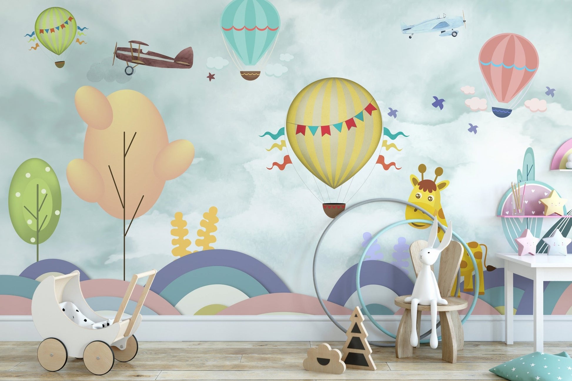 Minimalist nursery decor with a Balloon & Multicolor Cartoon mural feature wall.