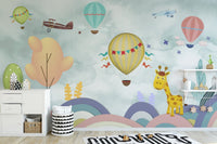 Toy storage unit in front of a Balloon & Multicolor Cartoon Wall mural in kids room.