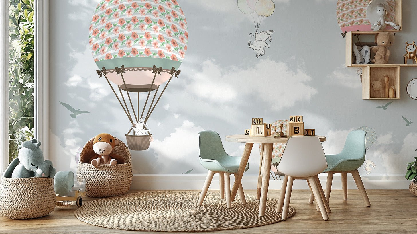Children’s dining area with mint green chairs and hot air balloon wonderland wall mural.