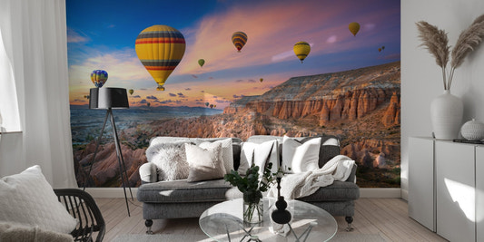 Hot air balloons sunset wallpaper mural with canyon landscape.