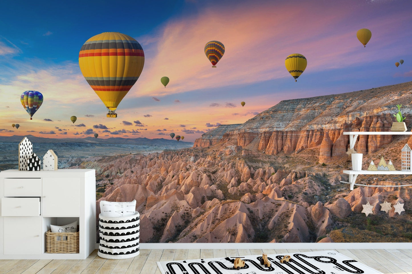 Sunset balloon mural for tranquil spaces
