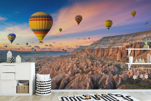 Balloon sunset wallpaper mural with colorful sky wall mural.