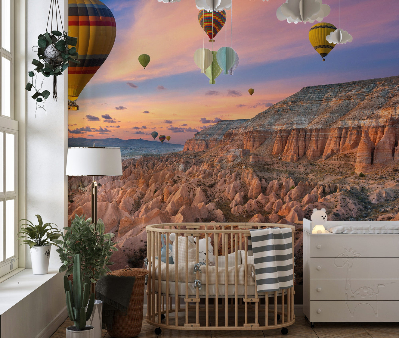 Balloons sunset mural for serene decor
