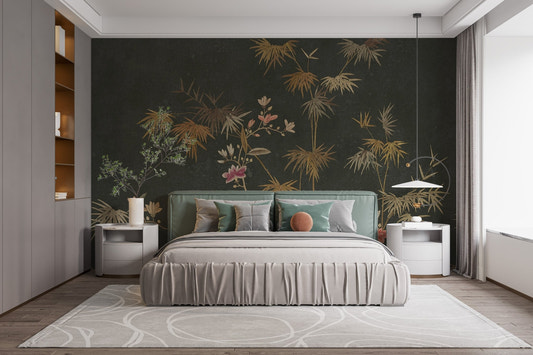 Bamboo chinoiserie garden wallpaper mural with golden leaves on dark charcoal.
