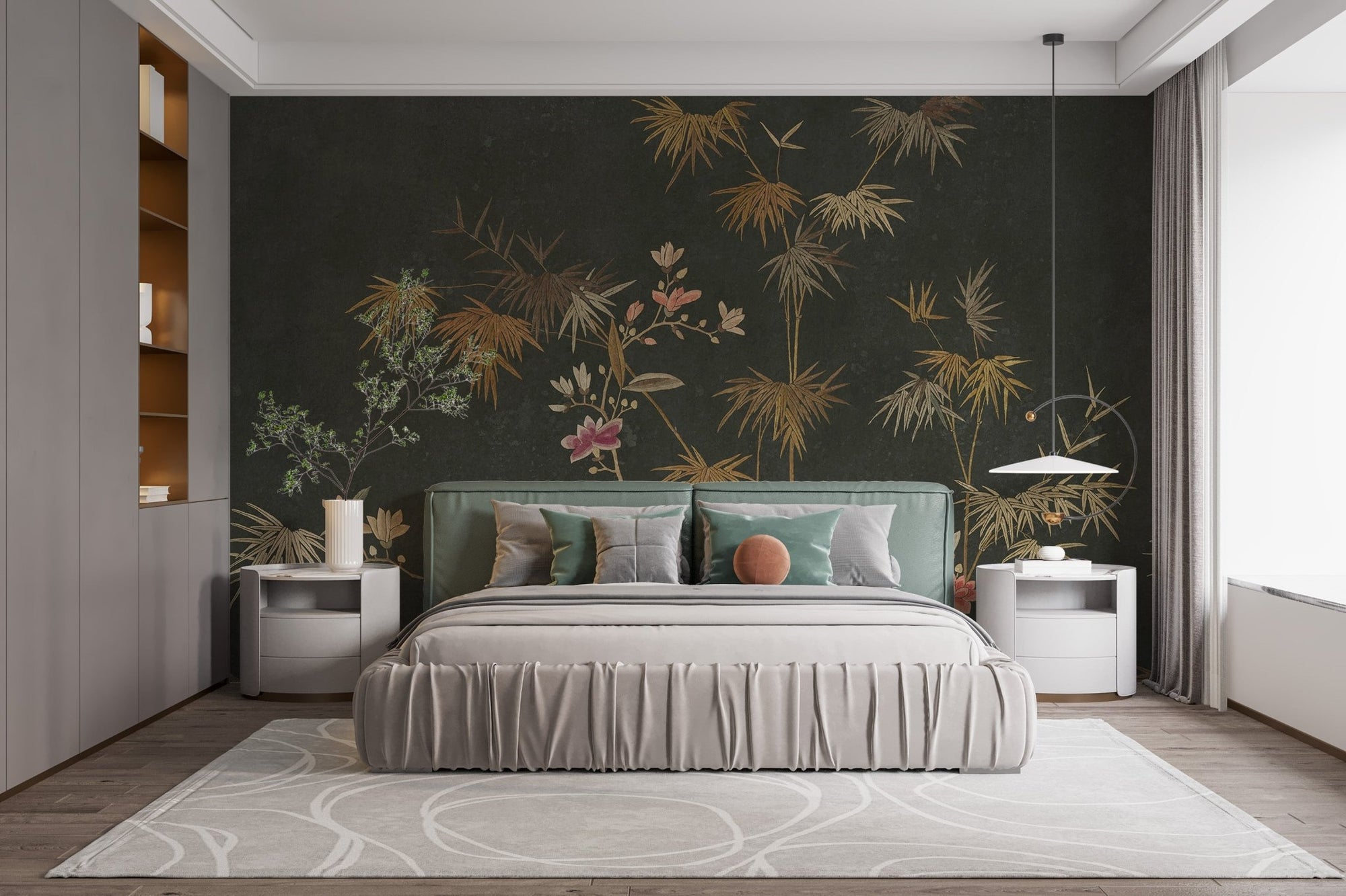 Bamboo chinoiserie garden wallpaper mural with golden leaves on dark charcoal.