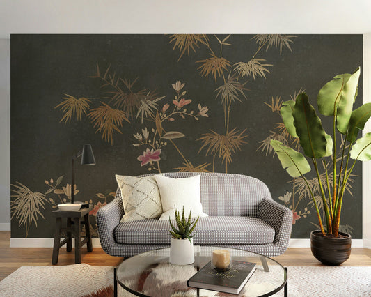 Nature themed wall mural featuring a serene bamboo garden illustration.