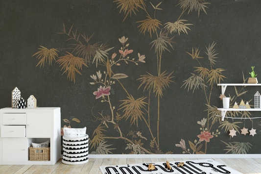 Vintage botanical wall mural featuring delicate pink flowers and bamboo stalks.