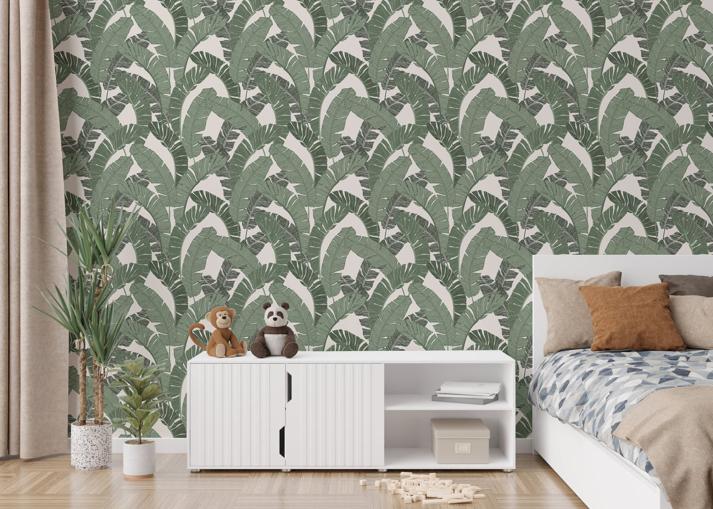 Banana Leaf Green Color Repeat Pattern Wallpaper