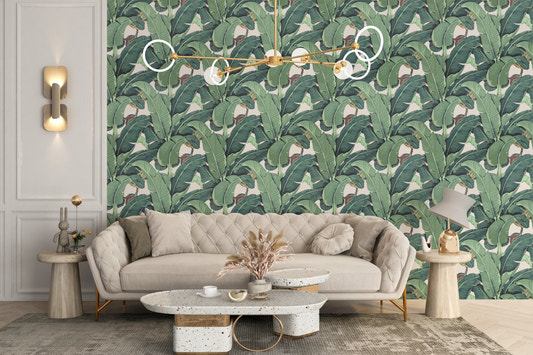 Banana leaf pattern wallpaper in a beige living room with soft modern seating