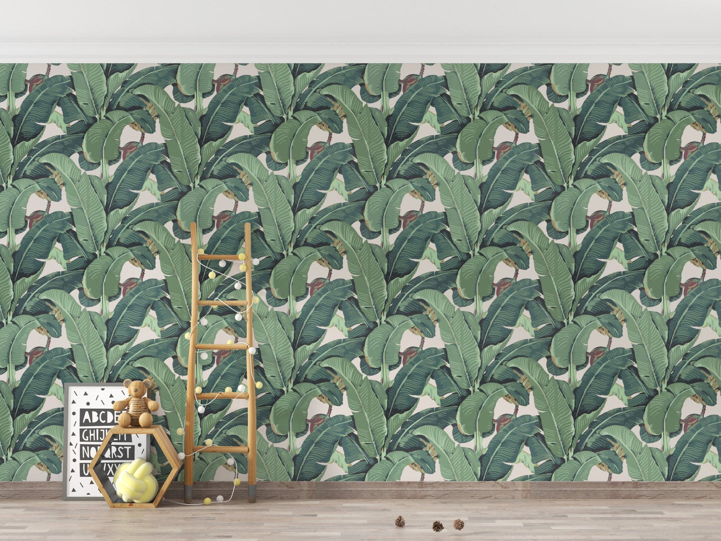 Banana Leaf Tropical Wall mural in a bright playroom with wooden toys.